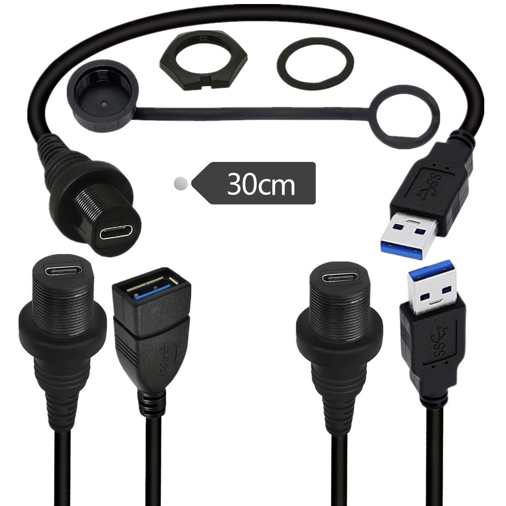 USB C 3.1 Panel Flush Waterproof Cable  USB A to USB C 3.1 Converter for PC, Laptop, Charger, Power Bank, Quest Link, Threaded to Dashboard or Panel, 30cm