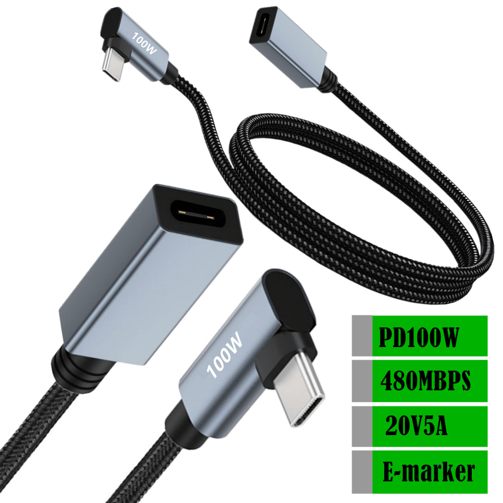 90 Degree Right Angled 20V 5A 100W With E-marker TYPE C Power Charging Data Sync Extension Cable