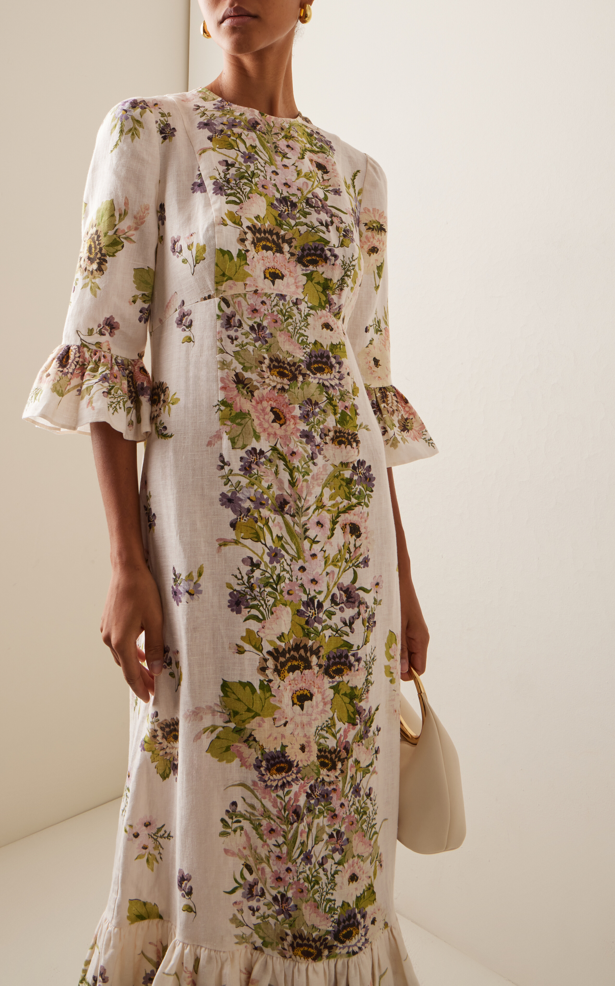 Flanged Floral Print Linen Mid-Length Dress