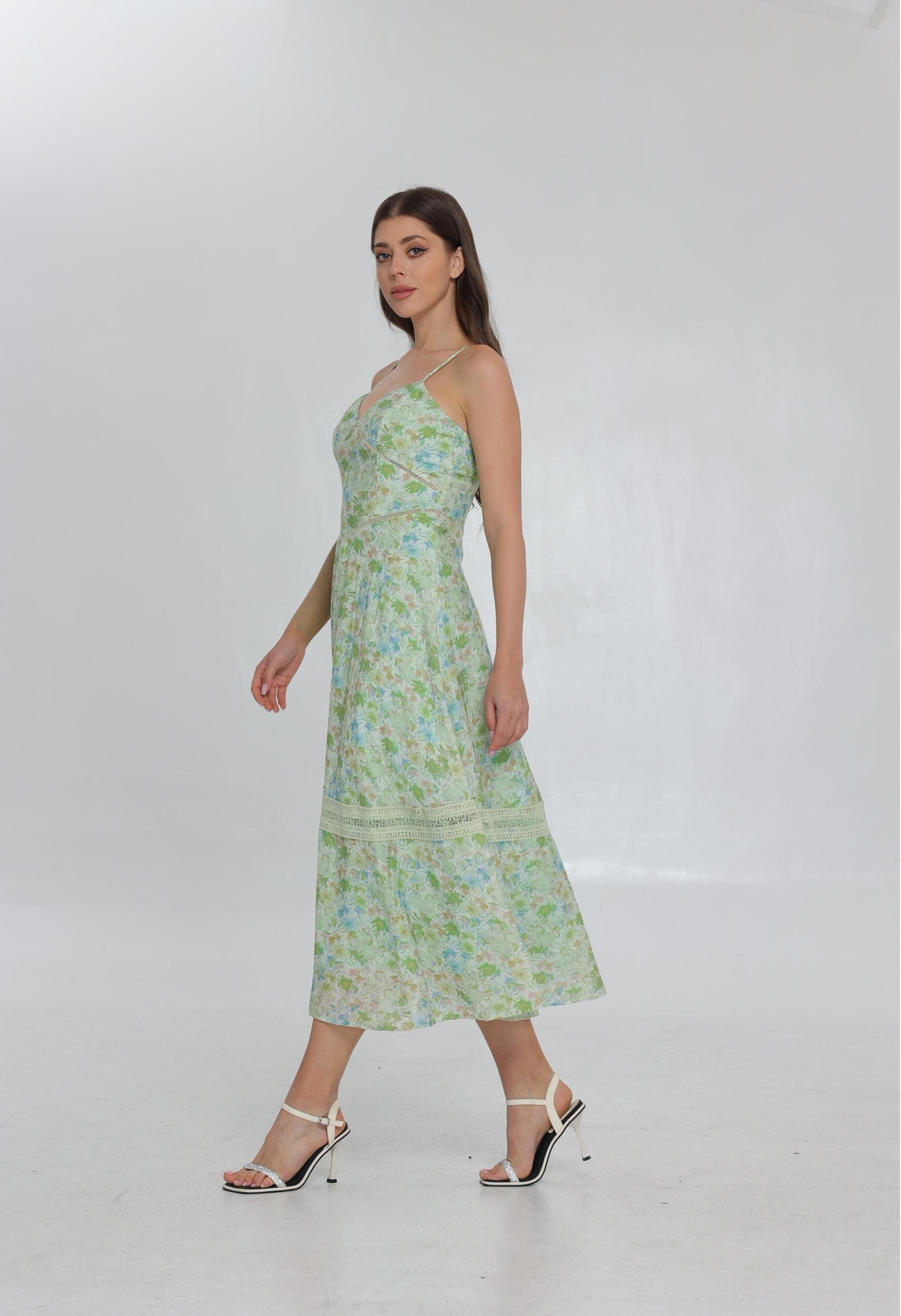 SS25 New Green Print Halter Maxi Dress