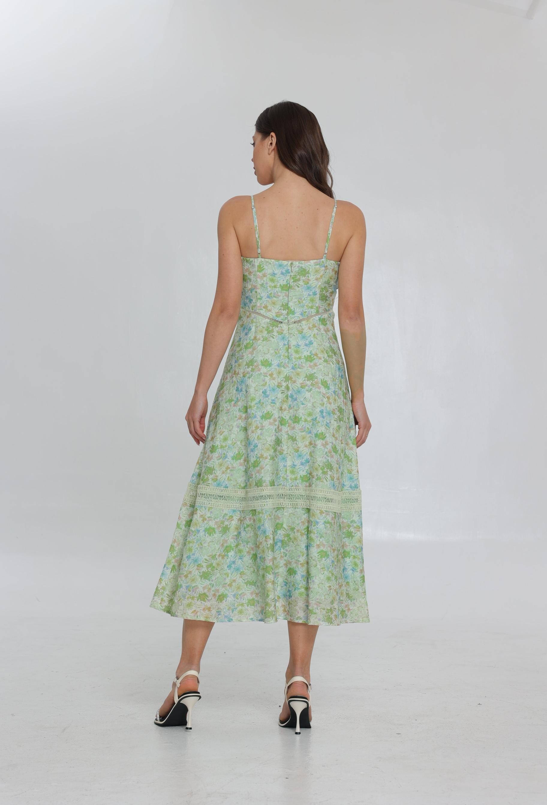 SS25 New Green Print Halter Maxi Dress