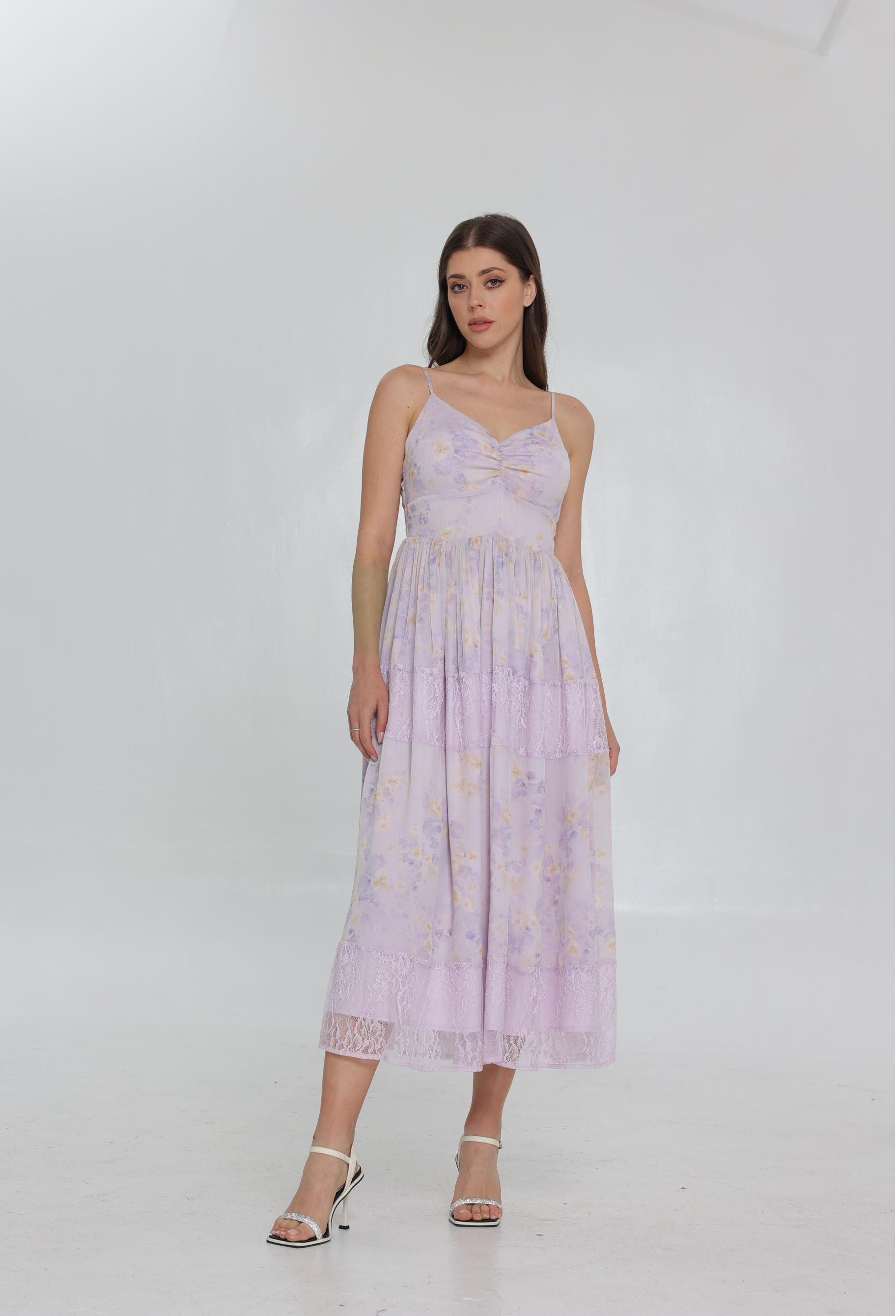 SS25 PurplePrint Floral Dress With Lace Halter Maxi Dress