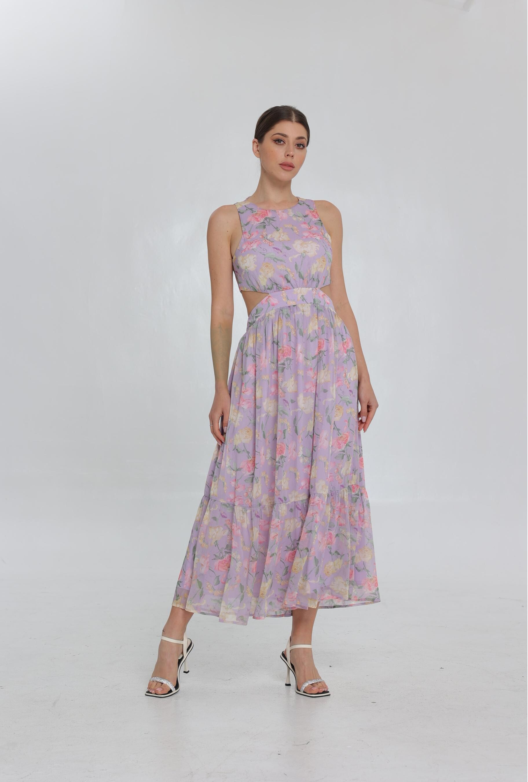 SS25 Women's Fashion New Print Waist Hollowed-out Sleeveless Maxi Dress