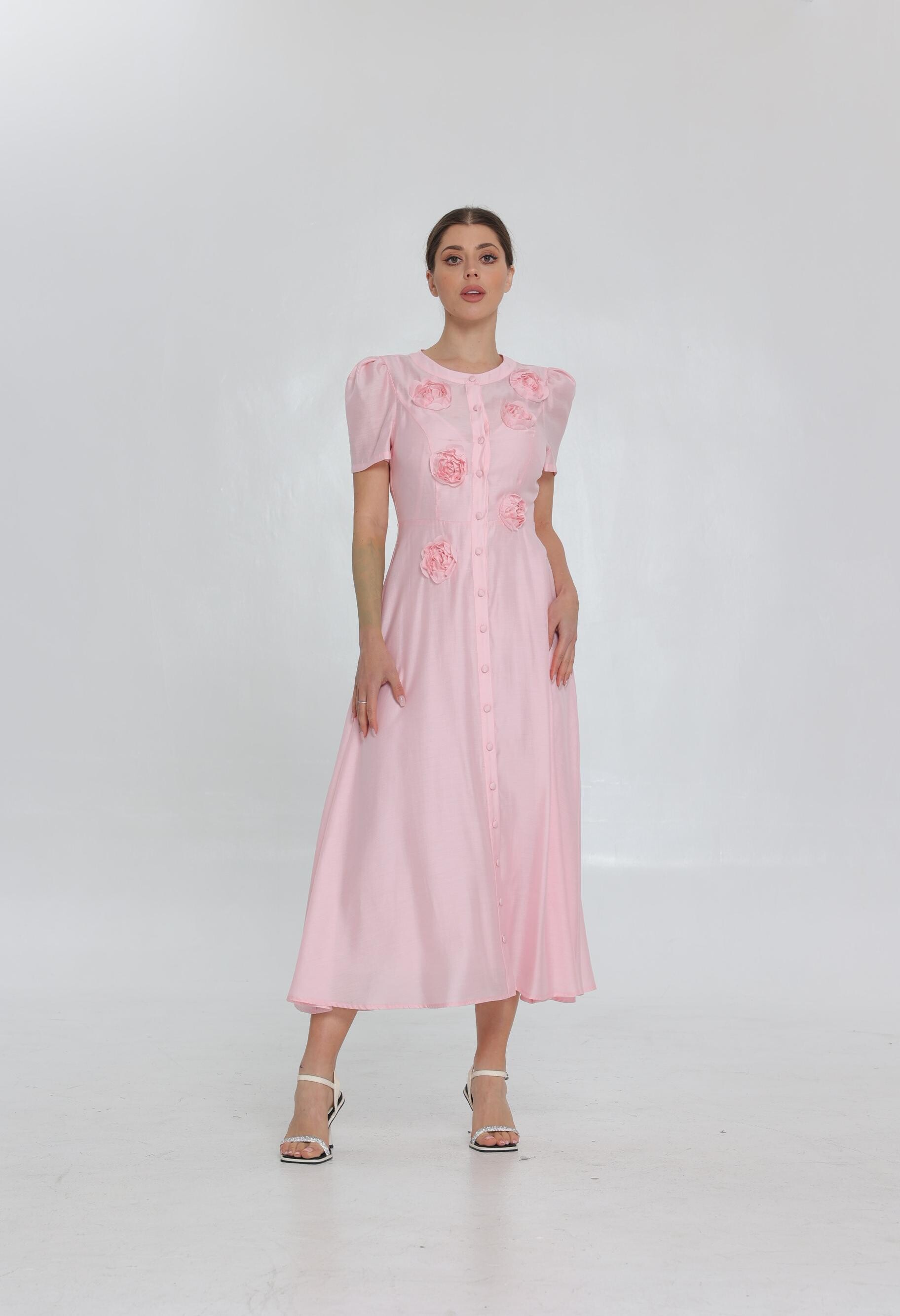 SS25 Women's Front Center Button Rose Embellished Maxi Dress