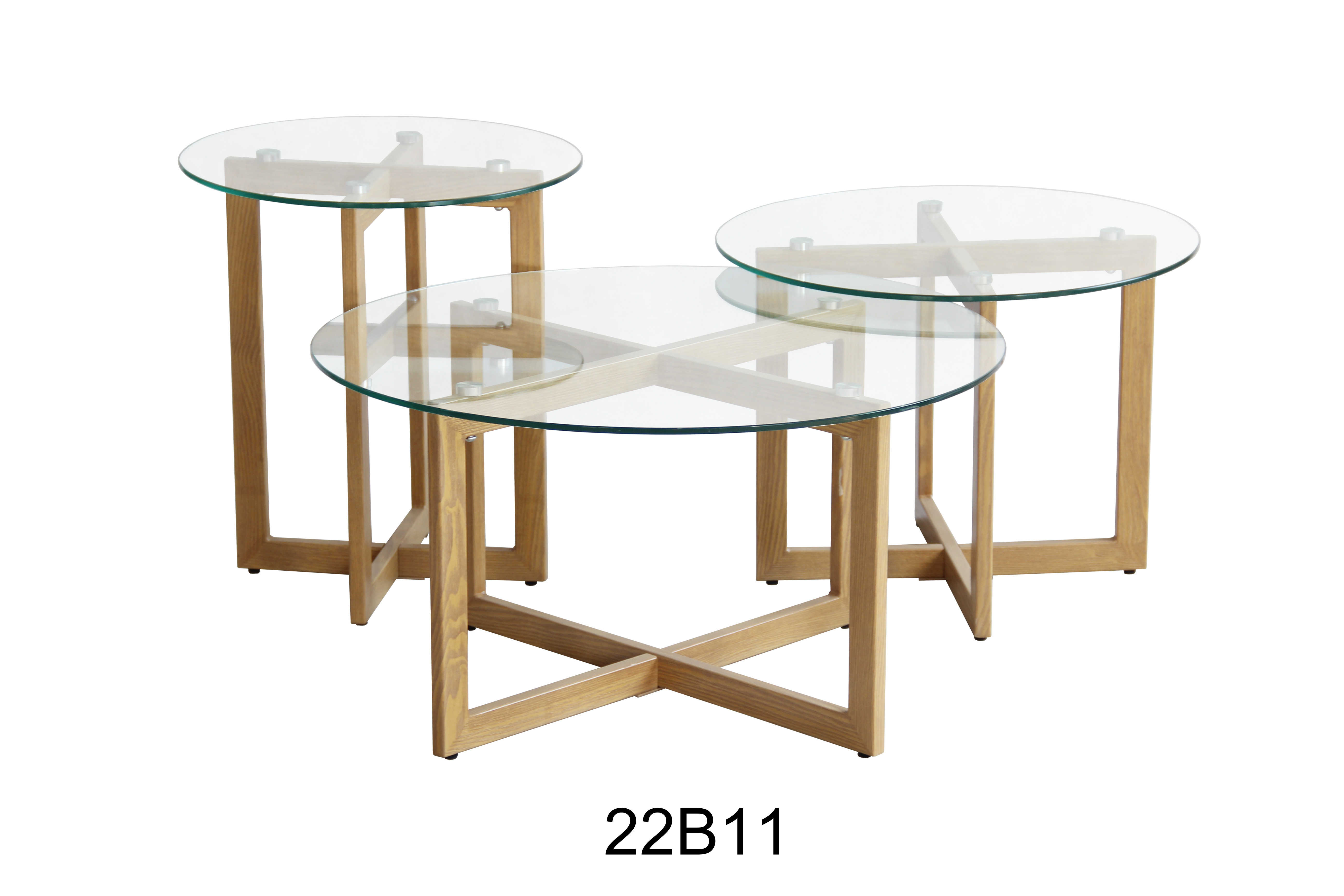22B11 Tempered Glass and Wood Grain Legs Coffee Table