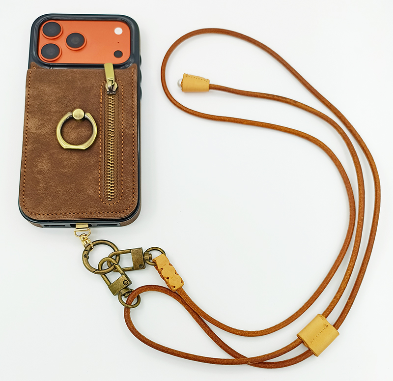 PU Leather Wallet Phone Case with Genuine Leather Crossbody Strap