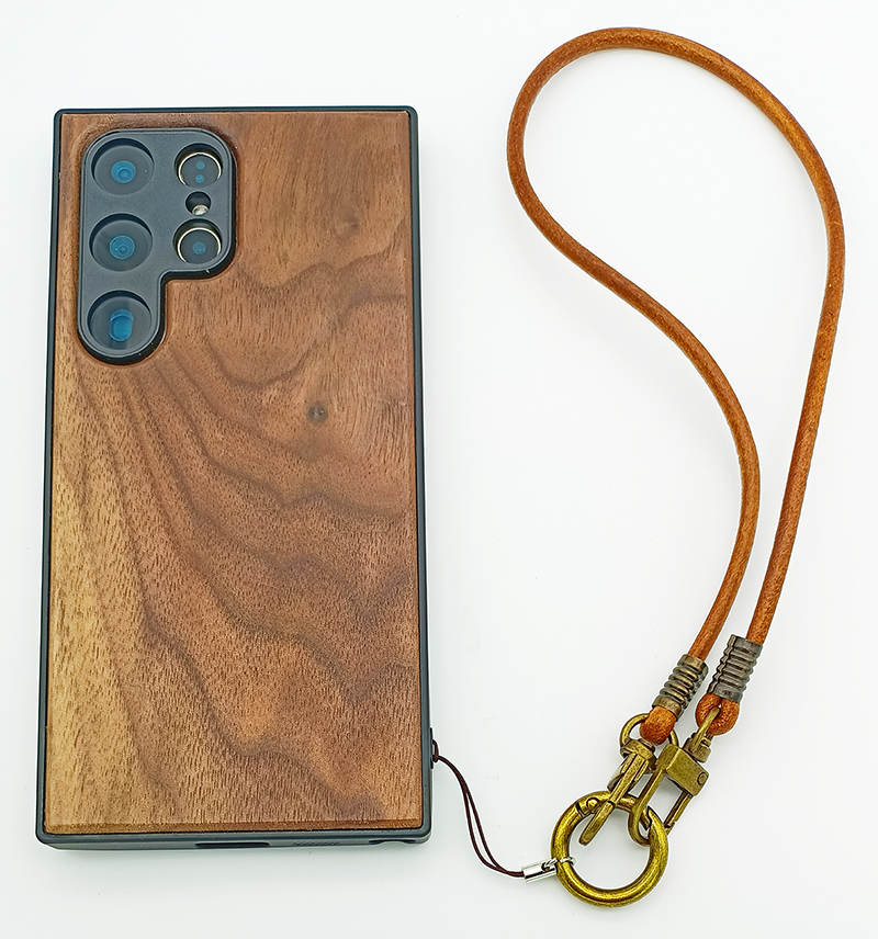 TPU Phone Case Covered with Walnut for SAMSUNG and with Genuine Leather Bracelet