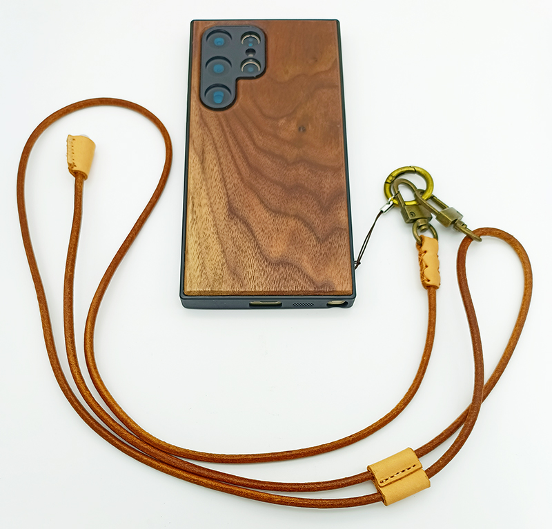 TPU Phone Case Covered with Walnut for SAMSUNG and with Genuine Leather Crossbody Strap