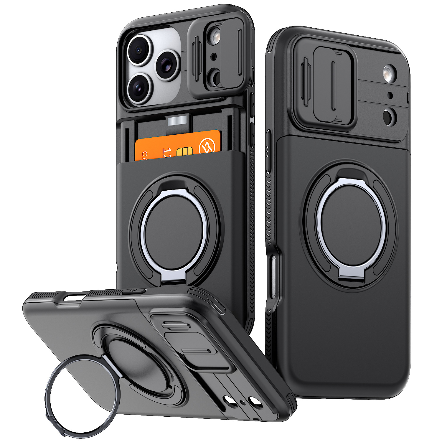 Phone Case with Sliding Camera Cover, Built-in Card Holder and Ring Holder