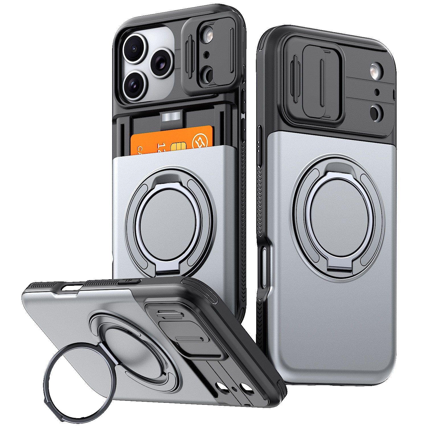Phone Case with Sliding Camera Cover, Built-in Card Holder and Ring Holder