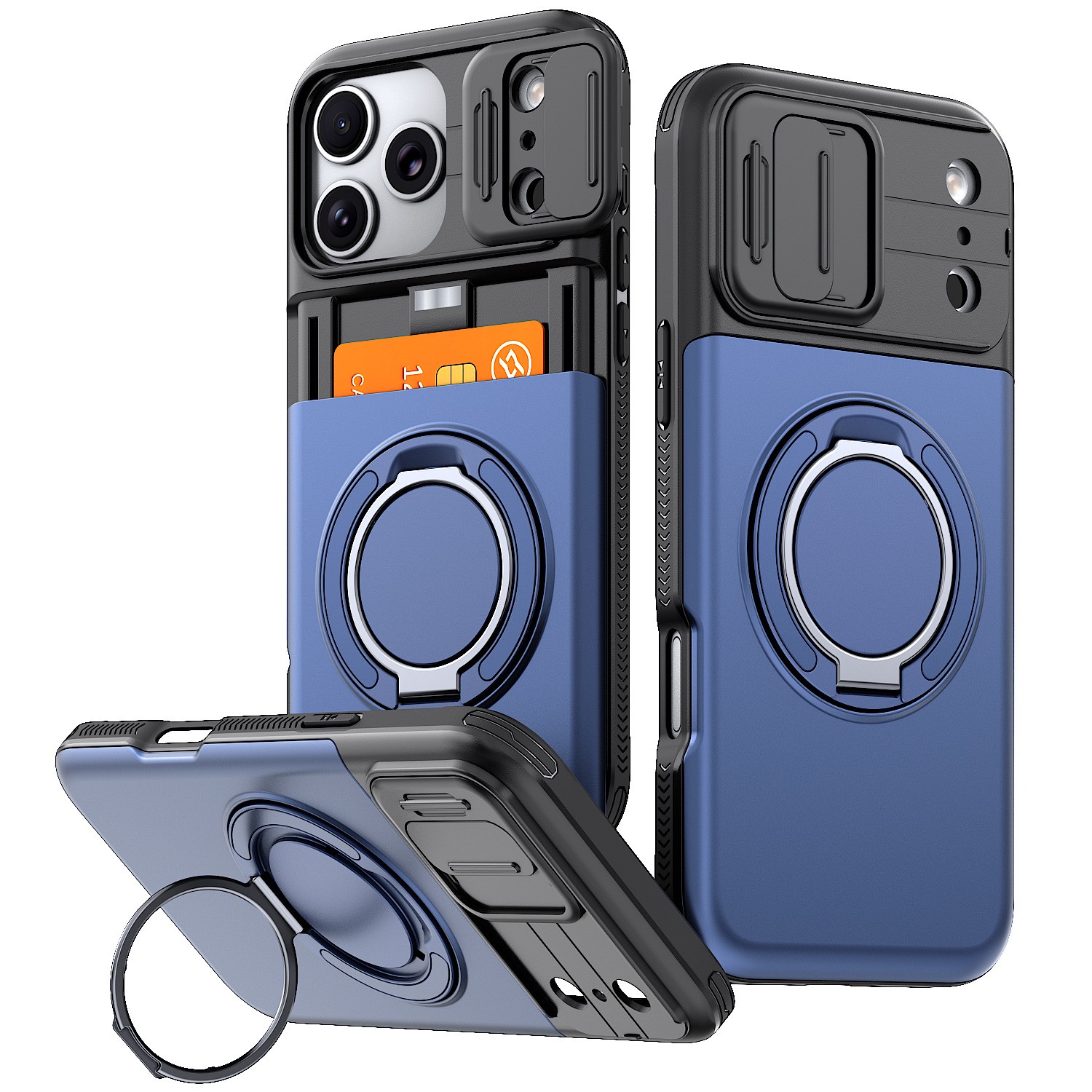 Phone Case with Sliding Camera Cover, Built-in Card Holder and Ring Holder