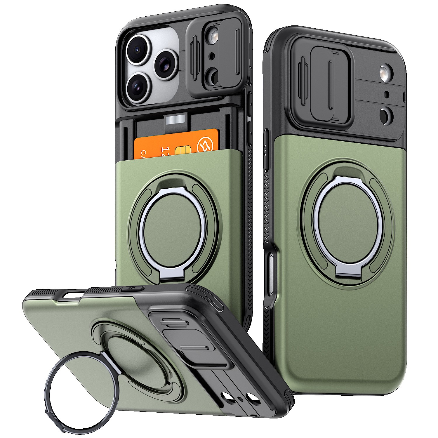 Phone Case with Sliding Camera Cover, Built-in Card Holder and Ring Holder