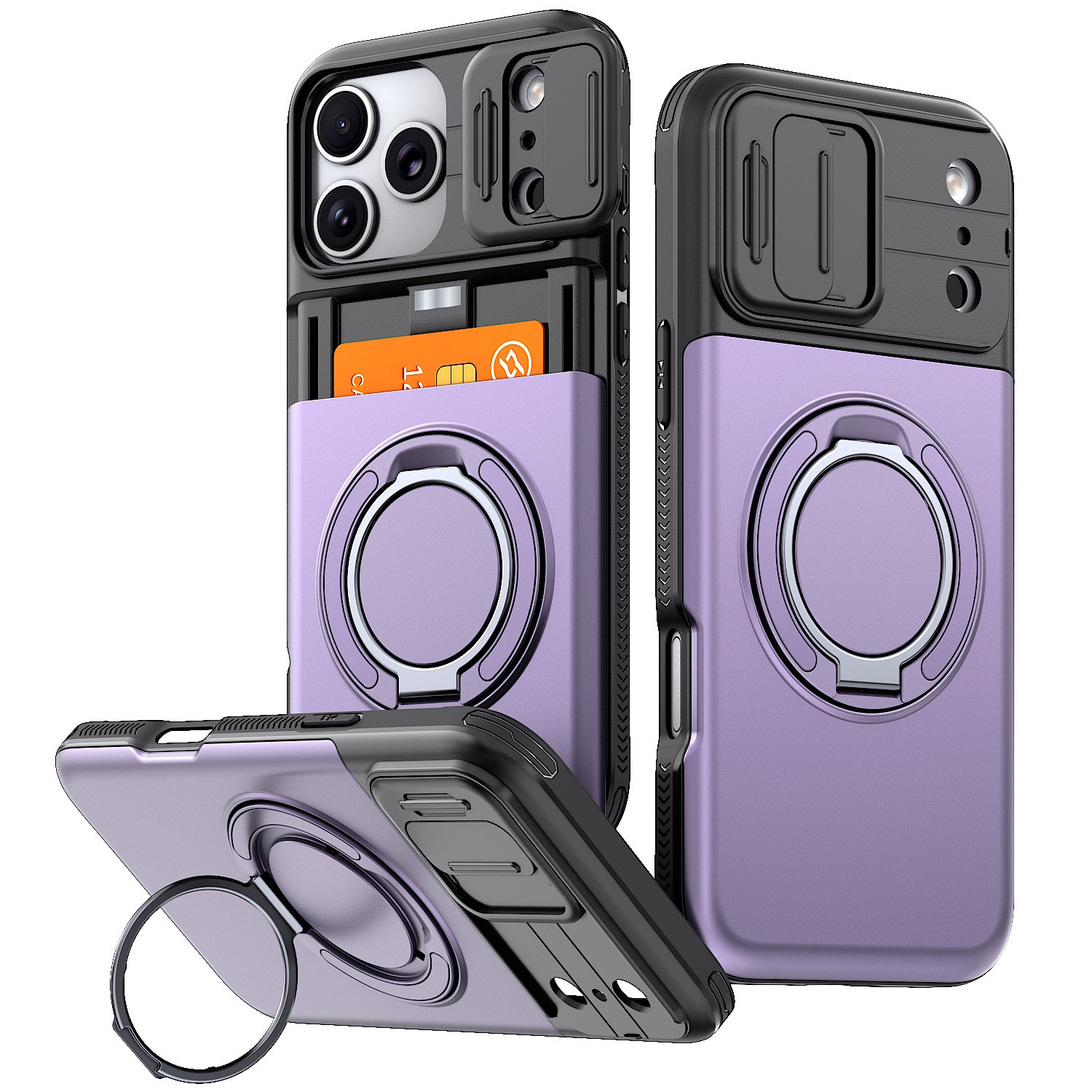 Phone Case with Sliding Camera Cover, Built-in Card Holder and Ring Holder