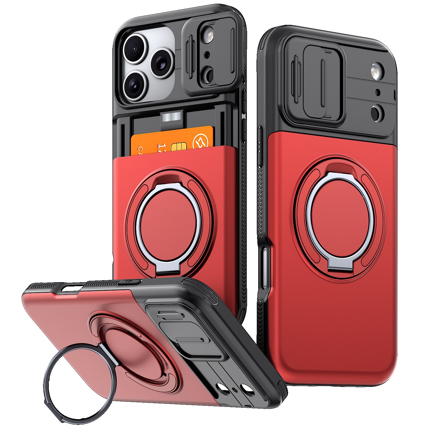 Phone Case with Sliding Camera Cover, Built-in Card Holder and Ring Holder