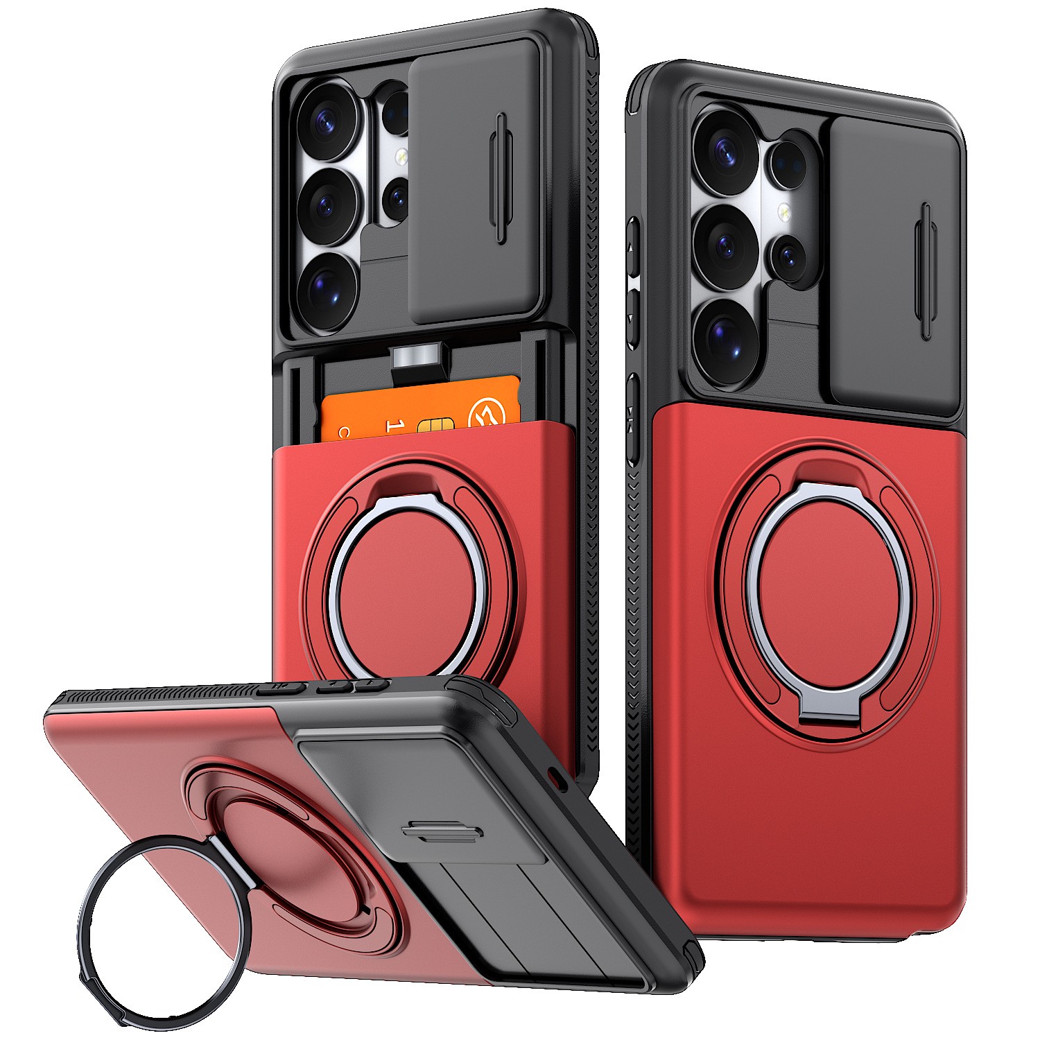 Phone Case with Sliding Camera Cover, Built-in Card Holder and Ring Holder