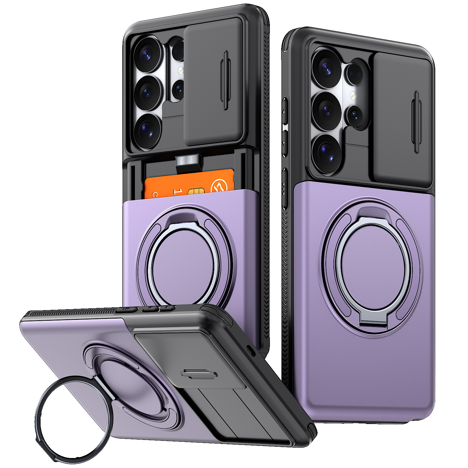Phone Case with Sliding Camera Cover, Built-in Card Holder and Ring Holder