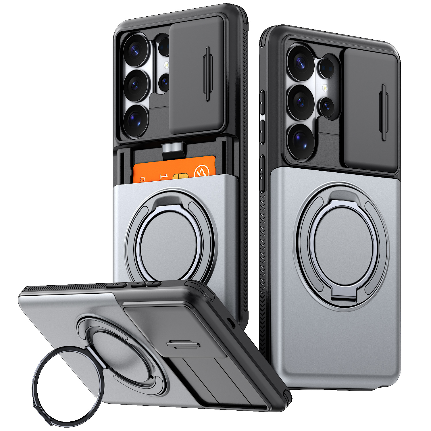 Phone Case with Sliding Camera Cover, Built-in Card Holder and Ring Holder