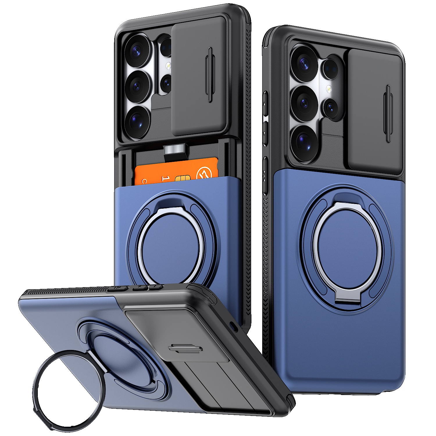 Phone Case with Sliding Camera Cover, Built-in Card Holder and Ring Holder