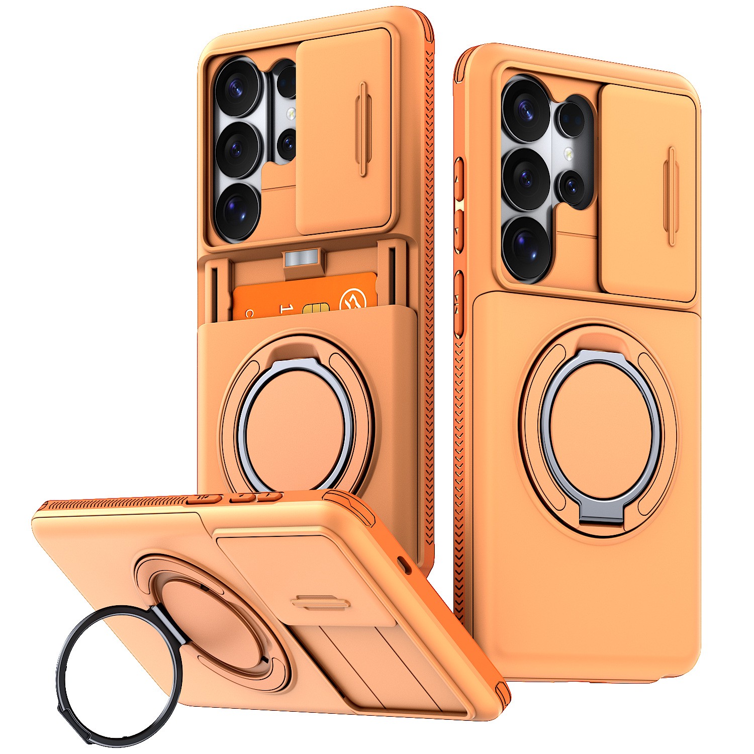 Phone Case with Sliding Camera Cover, Built-in Card Holder and Ring Holder