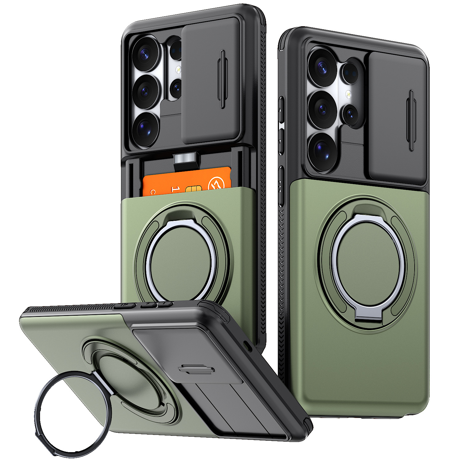 Phone Case with Sliding Camera Cover, Built-in Card Holder and Ring Holder
