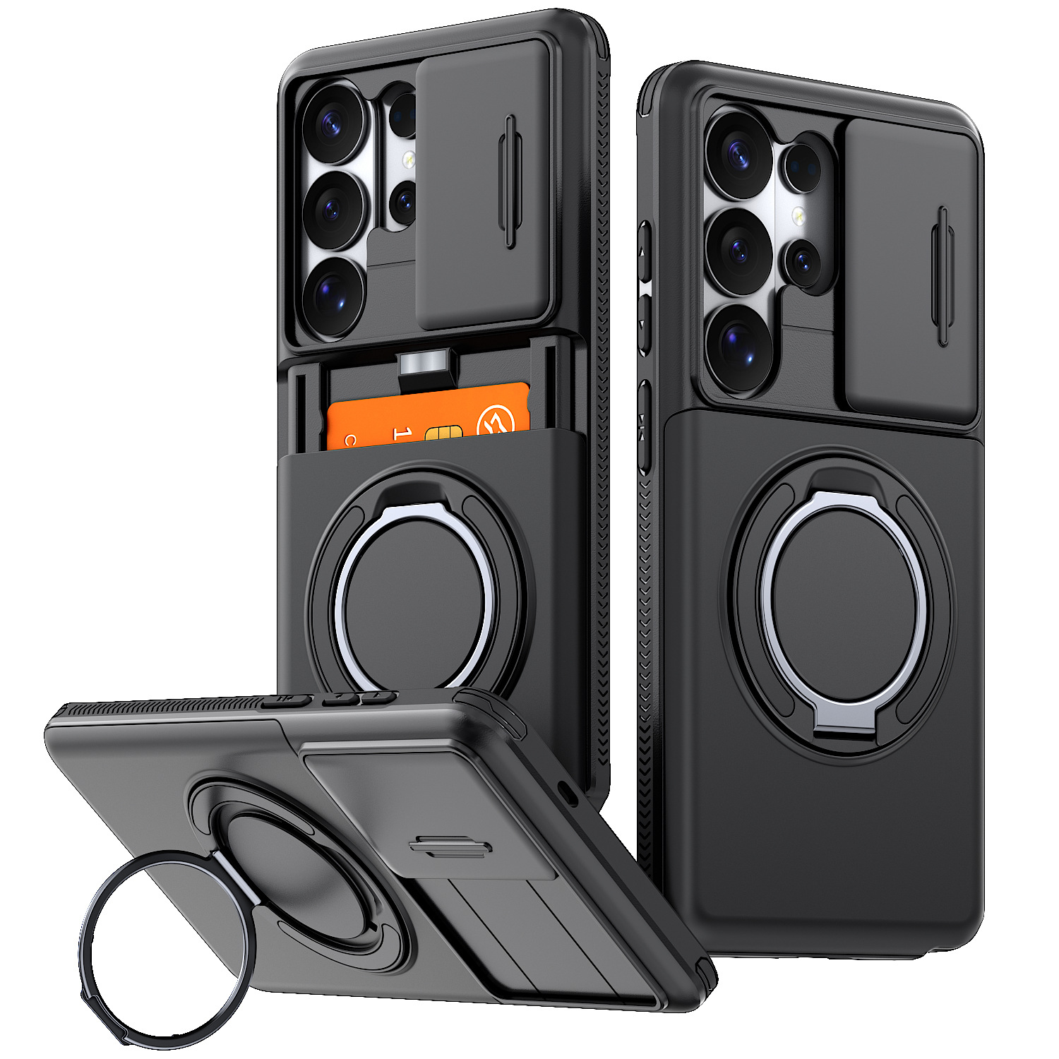Phone Case with Sliding Camera Cover, Built-in Card Holder and Ring Holder