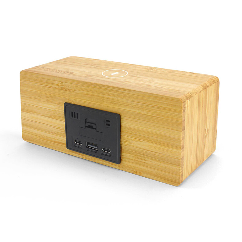 TPC20   Bamboo Wireless Charger with Time, Date, Alarm Clock and Thermometer