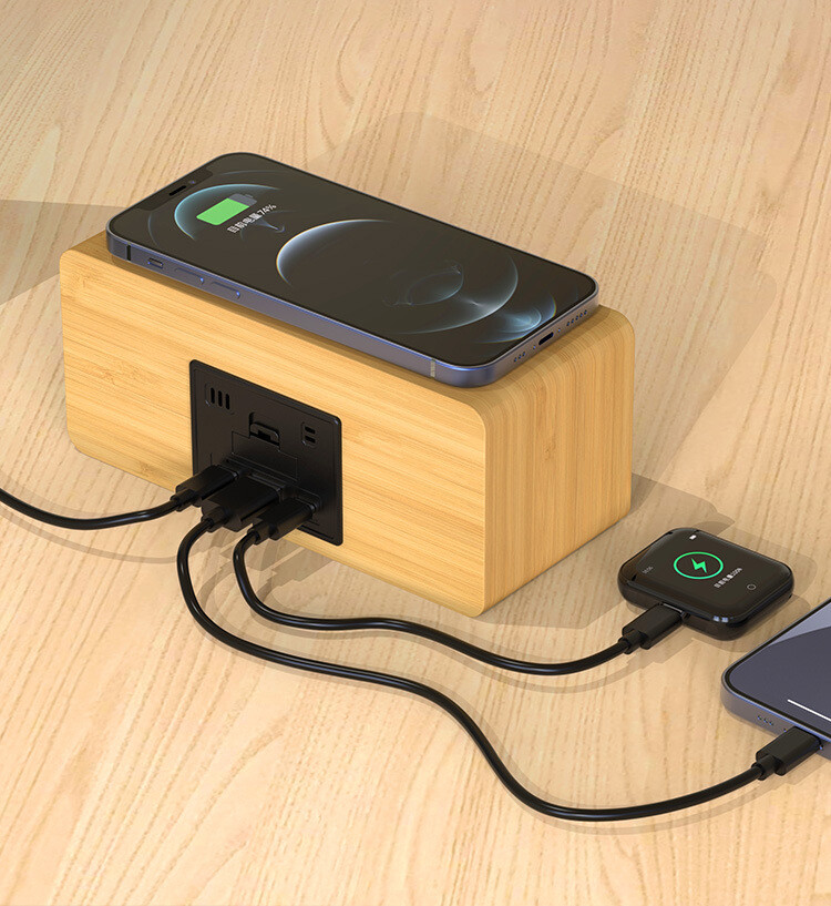 TPC20   Bamboo Wireless Charger with Time, Date, Alarm Clock and Thermometer