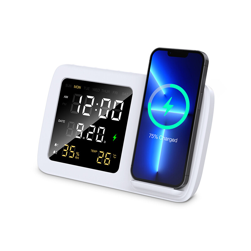 TPC21   15W Wireless Charger with Time, Alarm Clock, Thermometer and Humidity