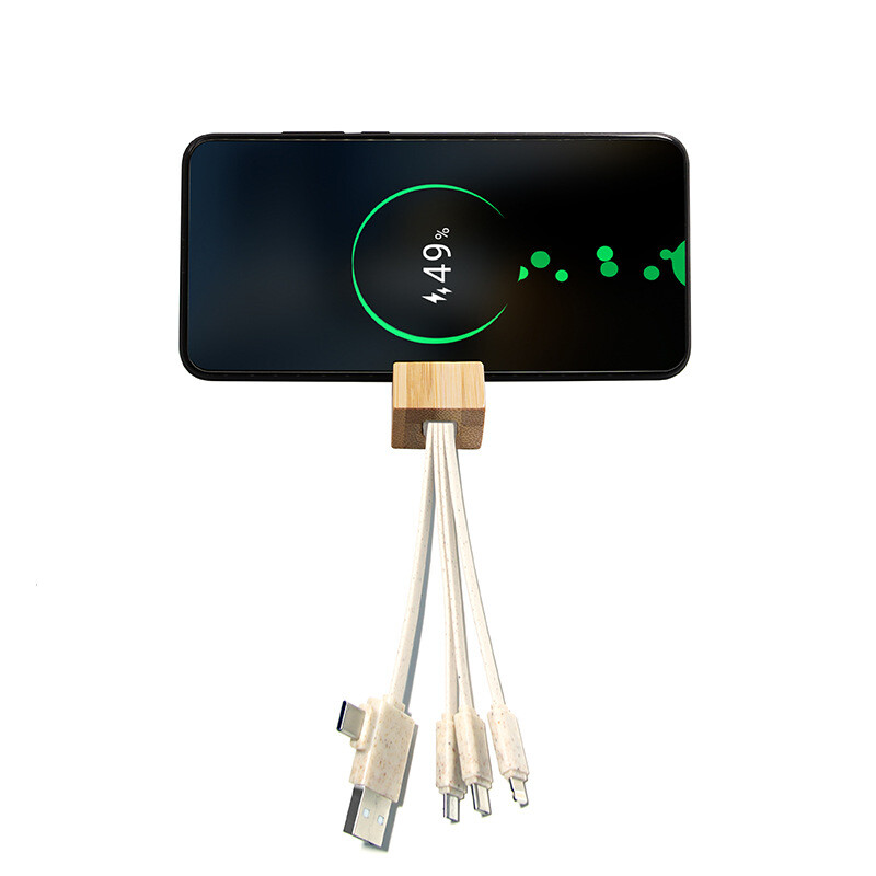 TPU41   PD10W 6 in 1 Wheat Straw USB Cable with Bamboo Mobile Phone Holder