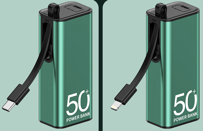 TPP08   5000mAh Mini Power Bank with Built-in USB Cable and Flashlight