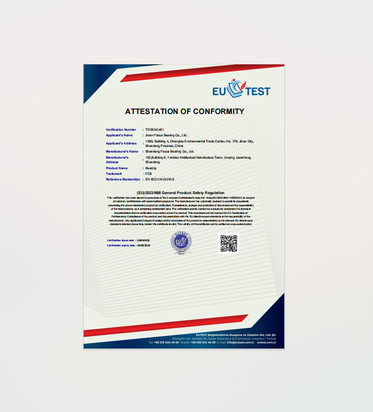 Jinan Focus Bearing Co., Ltd. has successfully obtained the CE certification.