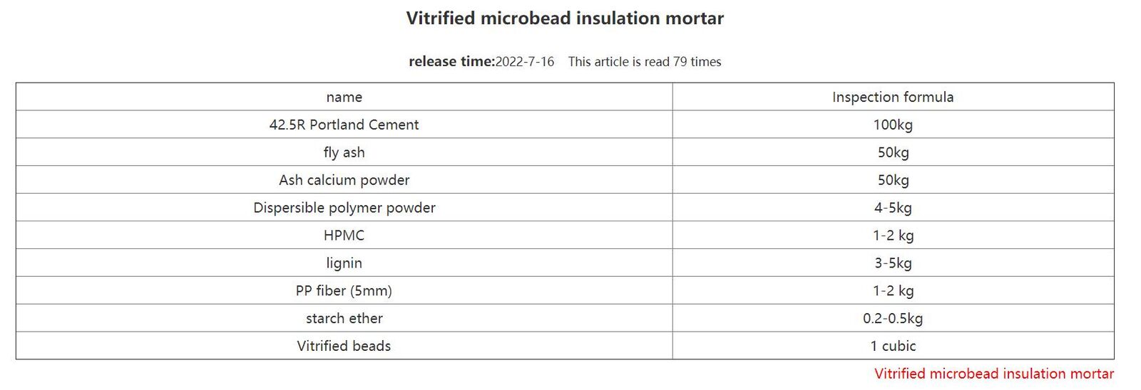 Vitrified microbead insulation mortar
