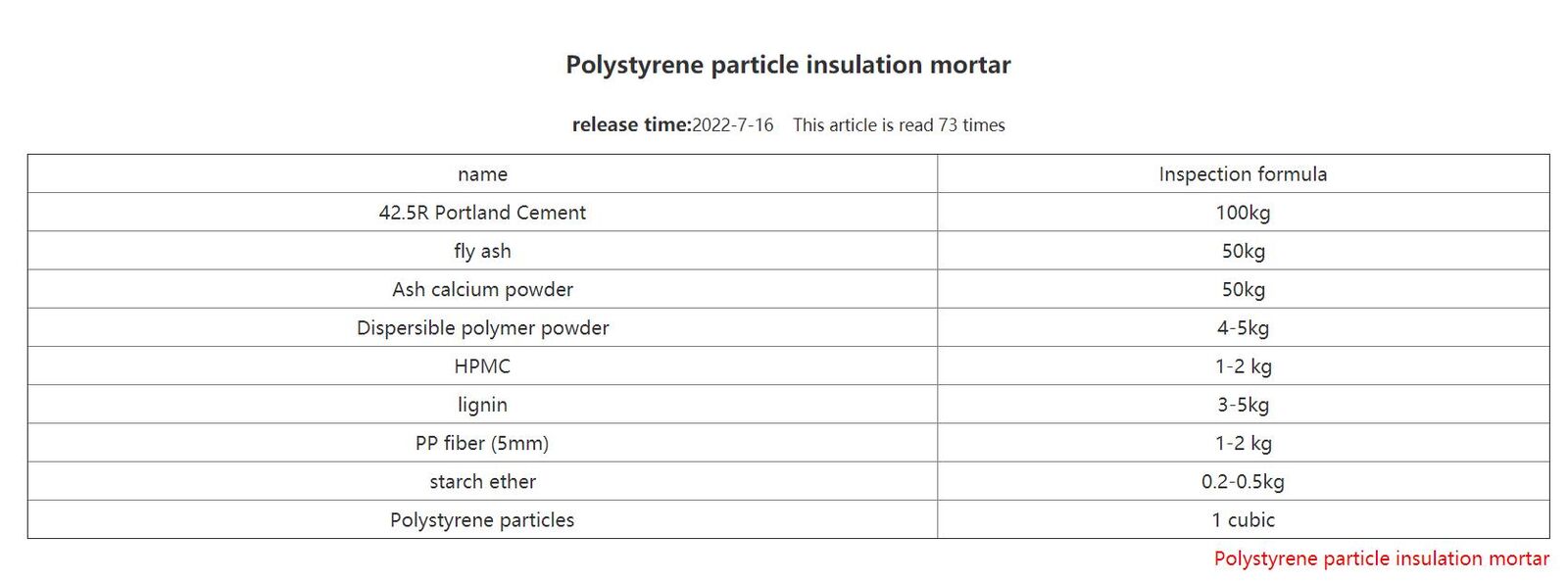 Polystyrene particle insulation mortar