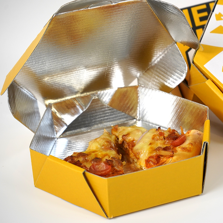 Insulated pizza box (matte film, regular hexagon, aluminum film inside)