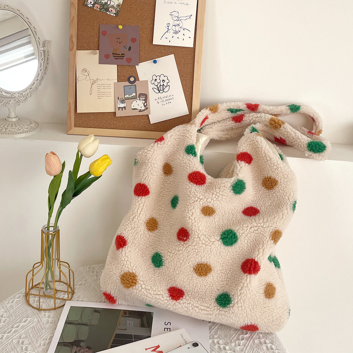 ドット　水玉柄　大容量　ハンドバッグ　ボア