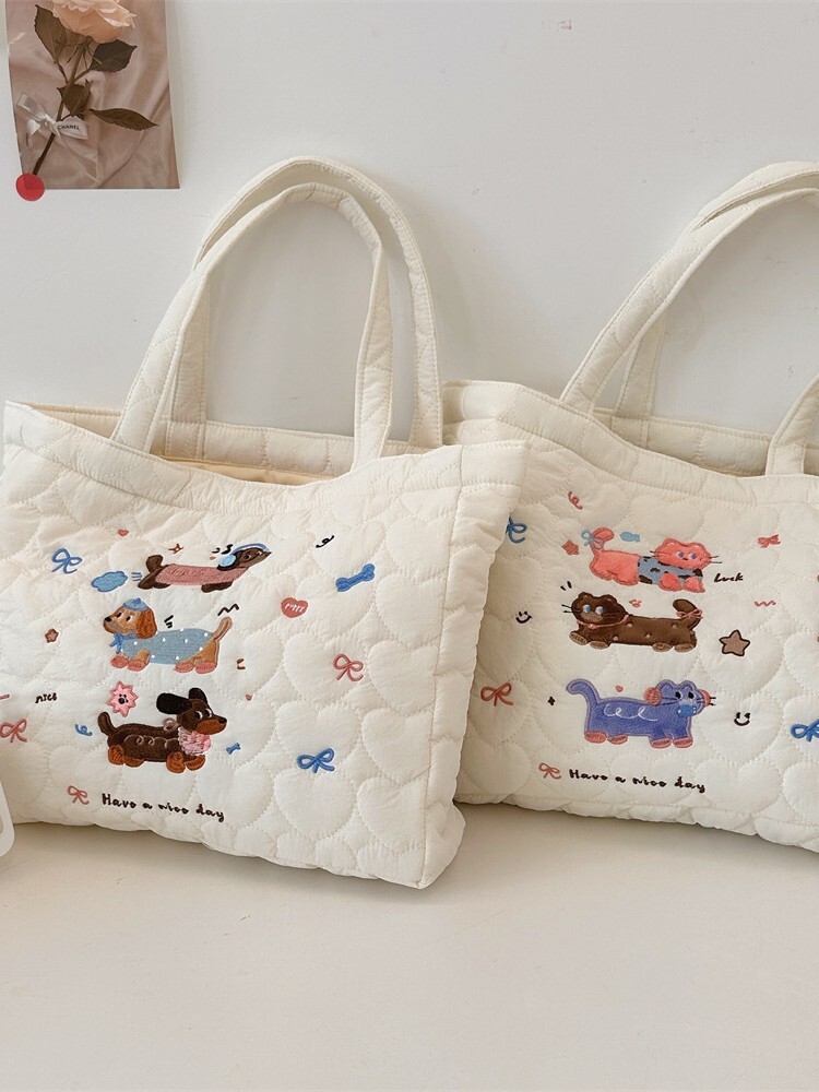 可愛い　猫刺繍　手提げ　ハンドバッグ　キルティング　可愛い　手提げバッグ　マザーズバッグ