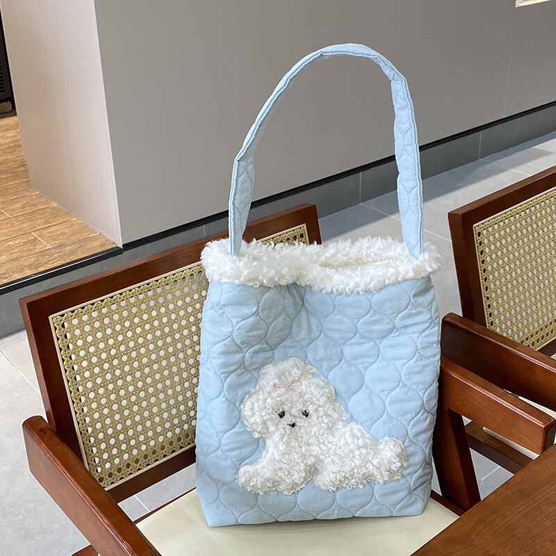 ins　犬　ショルダーバッグ　手提げバッグ　可愛い　ボア　冬らしい　秋冬　キルティング　中綿　鞄　布袋