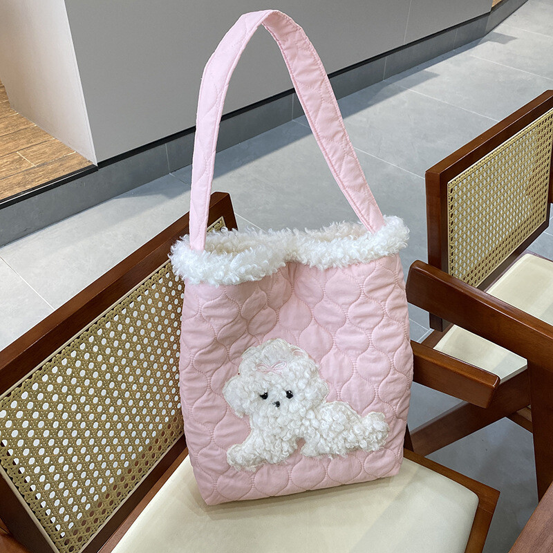ins　犬　ショルダーバッグ　手提げバッグ　可愛い　ボア　冬らしい　秋冬　キルティング　中綿　鞄　布袋