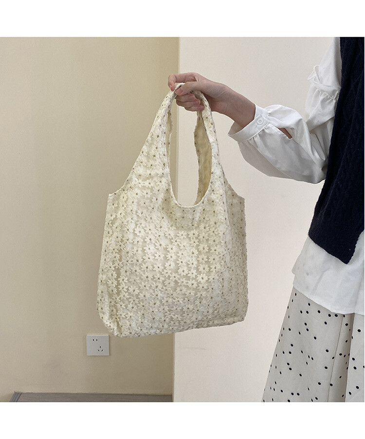 韓国風　表面花レース　下地帆布　女性　ヴィンテージ風　ハンドバッグ　内袋　仕切りあり　OEM　鞄メーカー