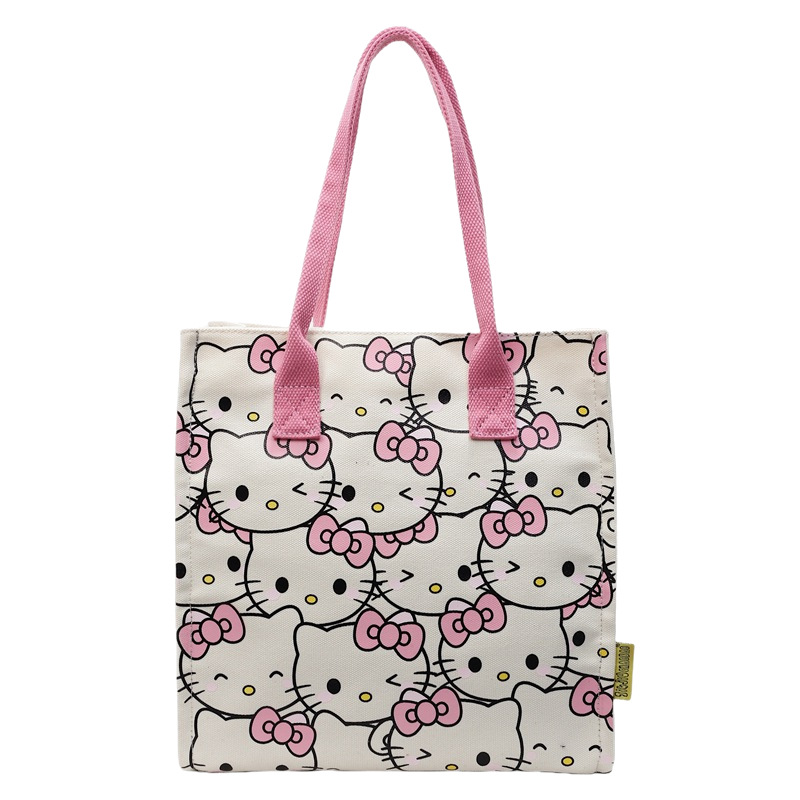 HELLO Kittyデザインの可愛らしい帆布製ハンドバッグ。軽量で使いやすく、30×30×11cmのコンパクトサイズ。黒とピンクの2色展開で、夏のファッションに彩りを添えます。
