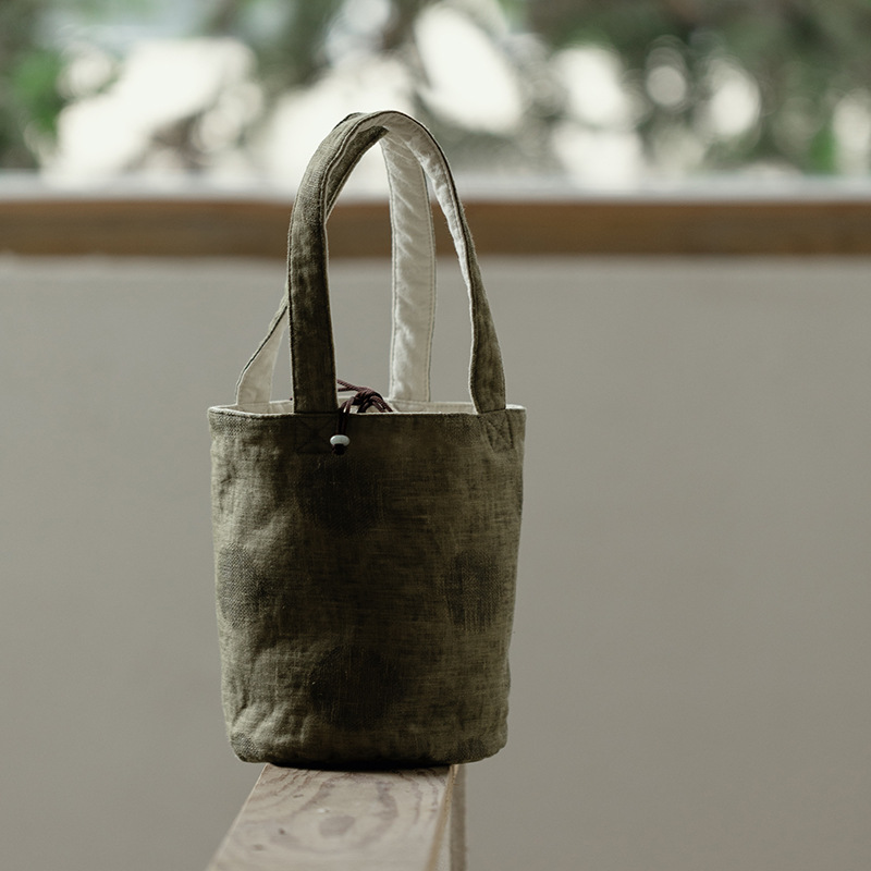 リネン風ハンドメイドバケットバッグ　ヴィンテージ風　高級感レディースバッグ　オリジナルポータブルバッグ