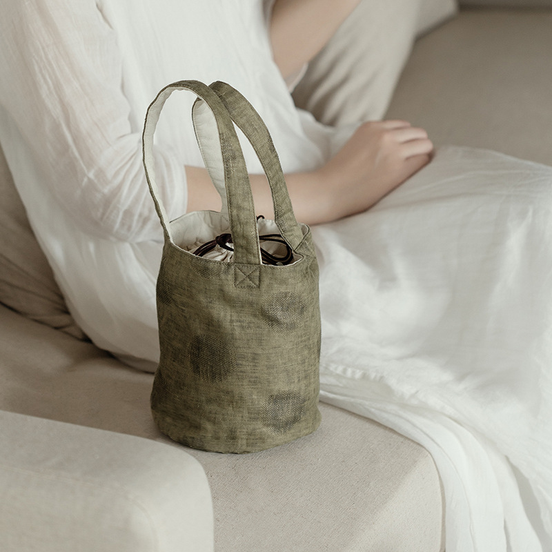 リネン風ハンドメイドバケットバッグ　ヴィンテージ風　高級感レディースバッグ　オリジナルポータブルバッグ