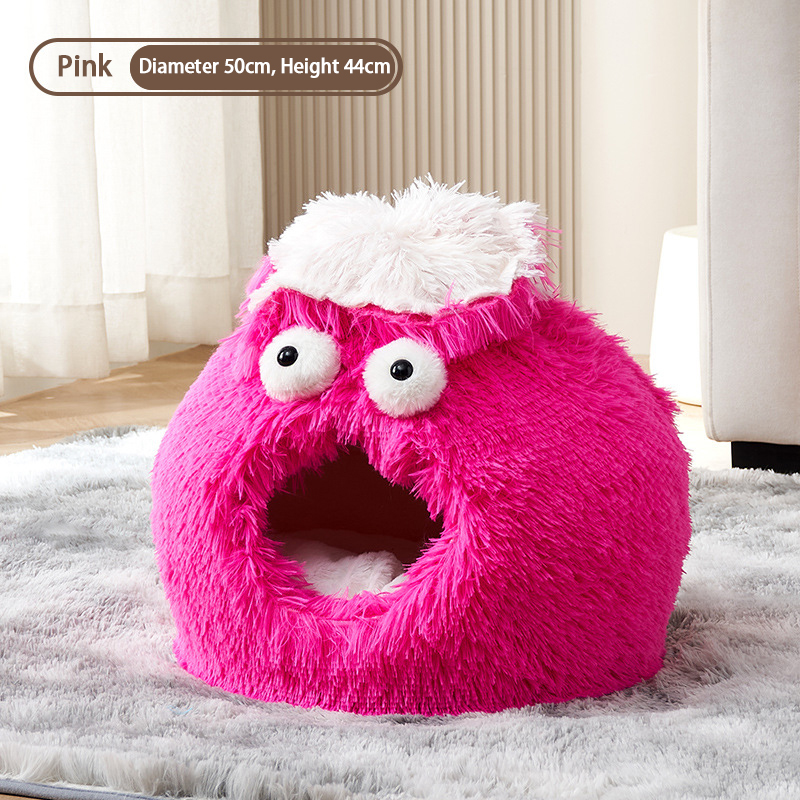 Wholesale OEM ODM Pink Monster Cat Cave Bed - 50cm Diameter Long Plush Fabric Cozy Pet Bed