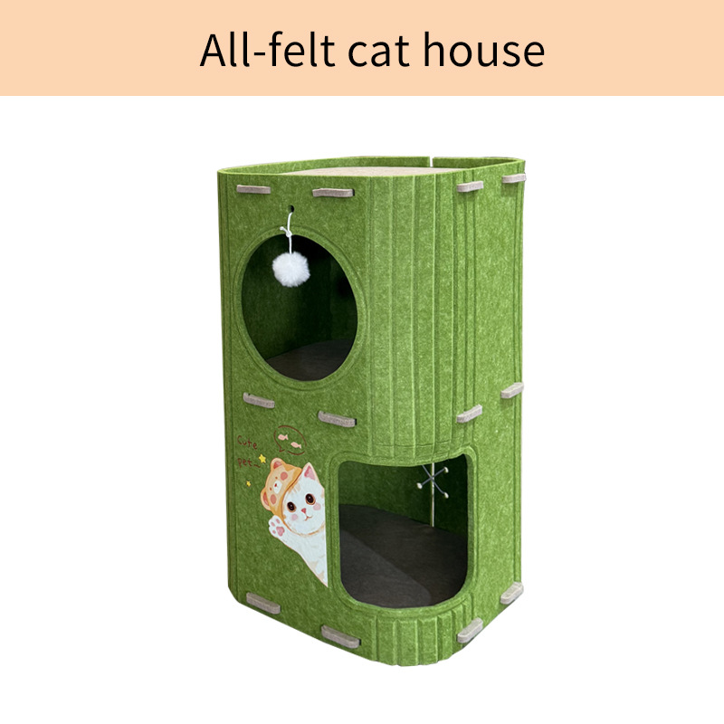 Modern Felt Double-Layer Cat Scratching Post with Shelter House and Tower Design for Home Decor