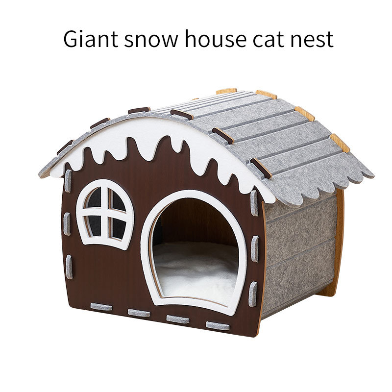 Cat House for Indoor Cats Felt Covered Bed Cave with Ball Hanging Cat Condo for Multiple & Large Pets