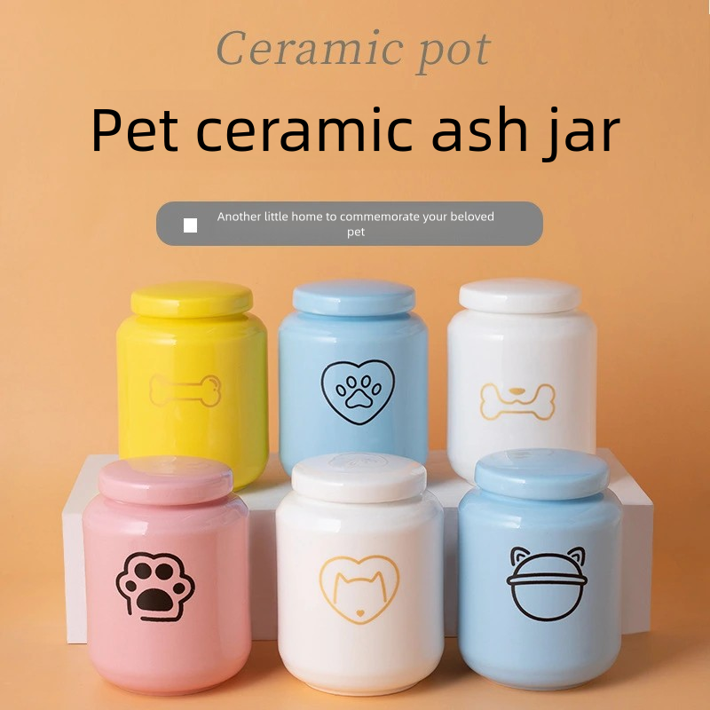 Trade Handmade Cylindrical Ceramic Dog Cat Memorial Urn with Sealed Lid for Pet Ashes and Funeral Supplies