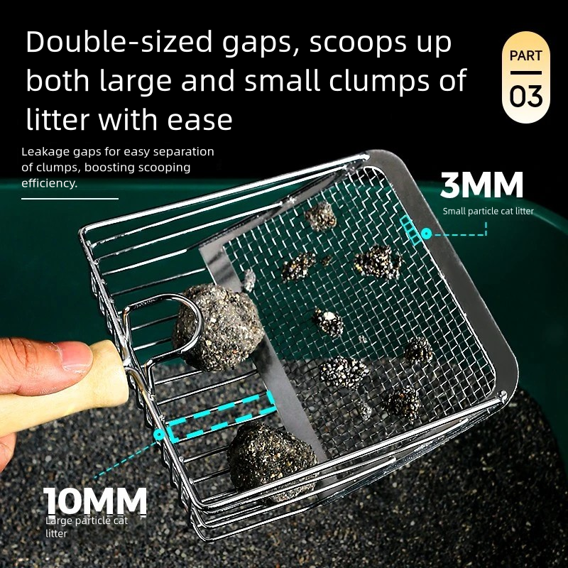 Extra Long Handle Eco-Friendly Reusable Cat Litter Scoop Stainless Steel Pet Waste Disposal Wood Metal Material Washable Feature