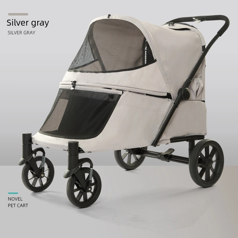 Pet Stroller Folding Lightweight Stroller with Weather Cover Dual Brakes Large Space Load Storage Portable Detachable Design
