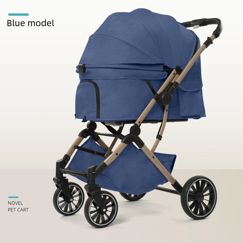 Cross-Border Metal 4-Wheel Lightweight One-Handed Folding Two-Way Pet Stroller for Small Dogs and Cats Outdoors