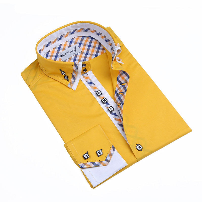 Yunfantex In Stock Promotion men double collar cotton long sleeve shirt contrast color